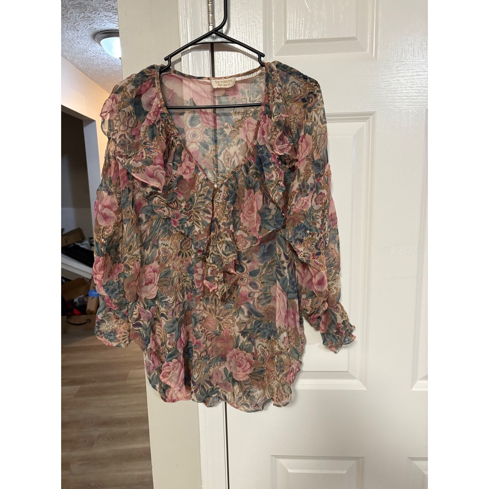Vintage Victoria's Secret Gold Label Sheer Floral Ruffle Blouse Pink Blue M/L